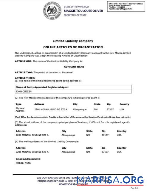 Realistic USA New Mexico online articles of organization Word and PDF template